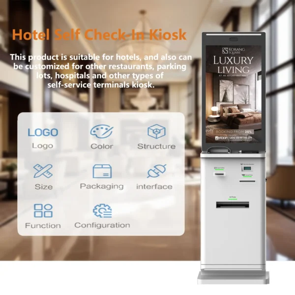 Advantages of 32 Inch Hotel Self Check in Payment Kiosk with Ticket Card dispenser and Printer