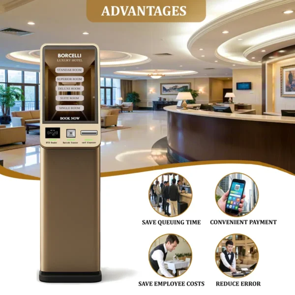 Advantages of 32 Inch Manufacturer Self Hotel Check in Kiosk with Barcode Scanner Card Dispenser Rfid Reader