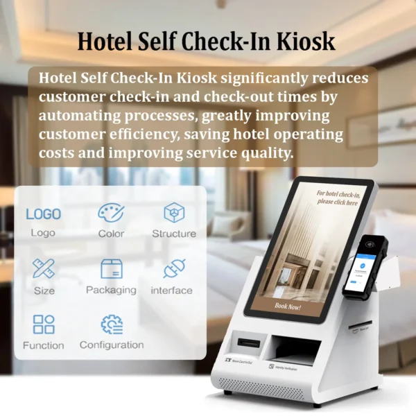 Desktop Hotel Self Check in Kiosk Touch Screen Payment Kiosk with Passport Scanner Printer - Image 4