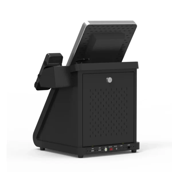 Back View of Desktop Hotel Self Check in Kiosk Touch Screen Payment Kiosk with Passport Scanner Printer