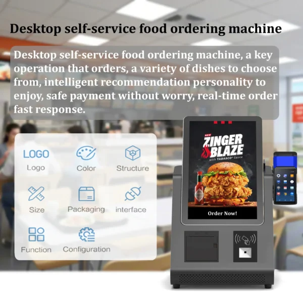 18.5 Inch Desktop Self Service Ordering Android Pos Terminal with Barcode Scanner Printer - Image 4