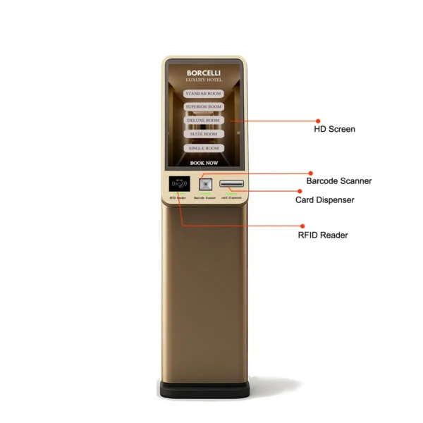 Modelus Introduction of 32 Inch Manufacturer Self Hotel Check in Kiosk with Barcode Scanner Card Dispenser Rfid Reader