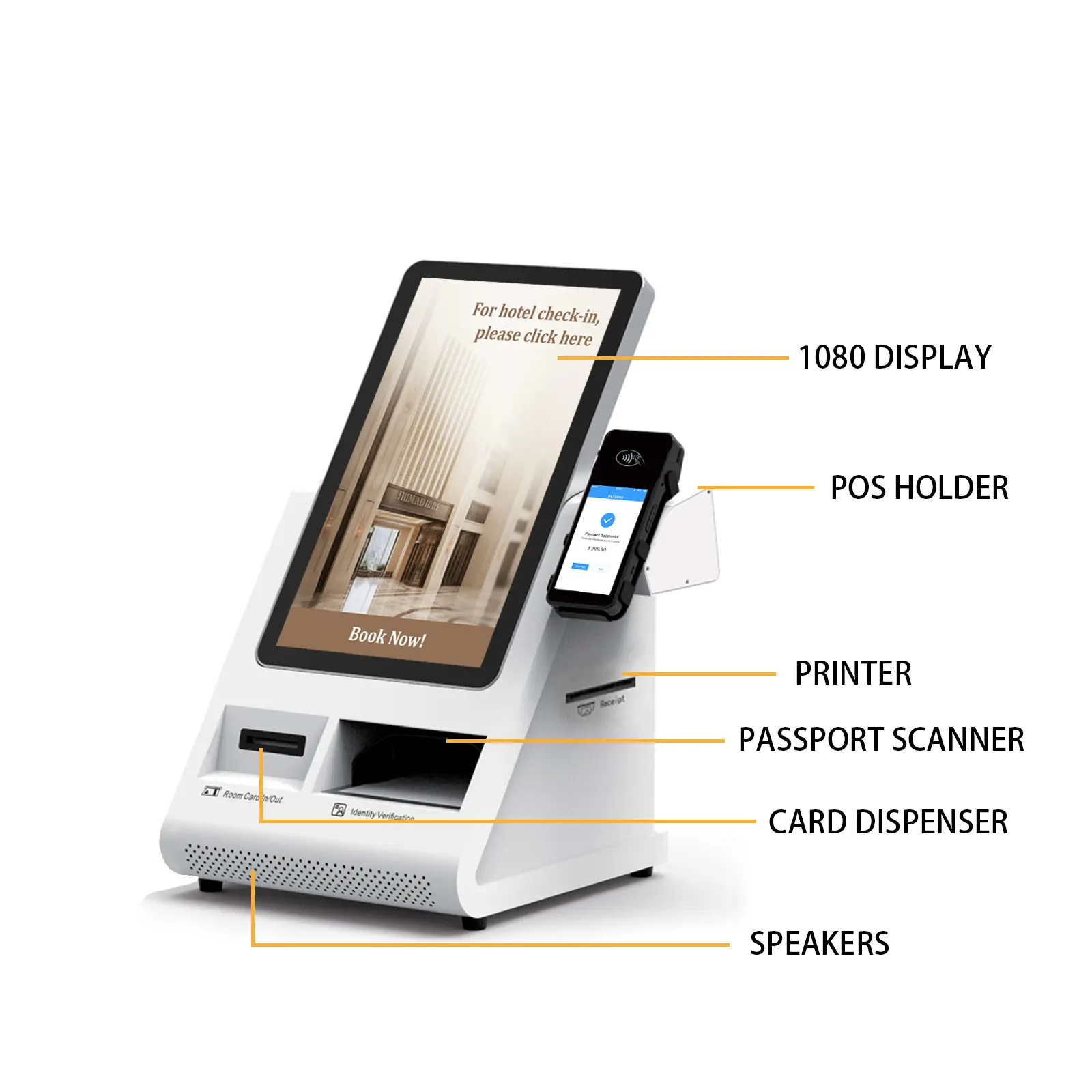 Modelus of Desktop Hotel Self Check in Kiosk Touch Screen Payment Kiosk with Passport Scanner Printer