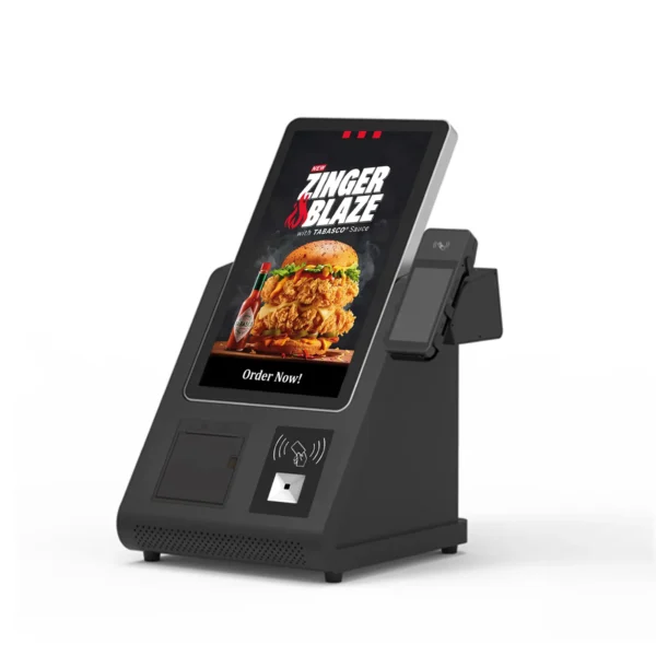 Side View of 18.5 Inch Desktop Self Service Ordering Android Pos Terminal with Barcode Scanner Printer