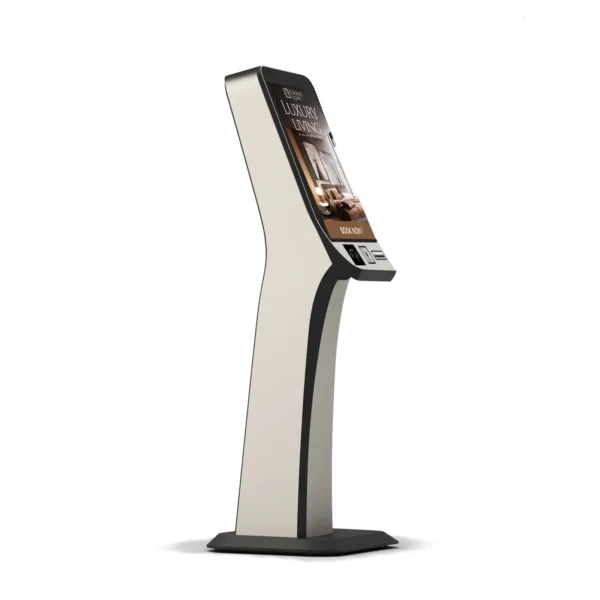 Side View of 2025 New Design Hotel Check in Card Dispenser Kiosk with RFID Reader Barcode Scanner