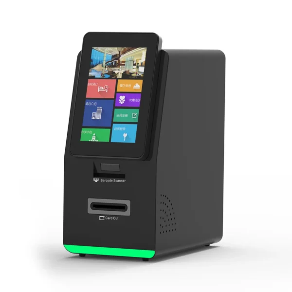 Side View of Desktop Smart Hotel Check-In Kiosk Touch Screen Machine with Key Dispenser RFID Scanner