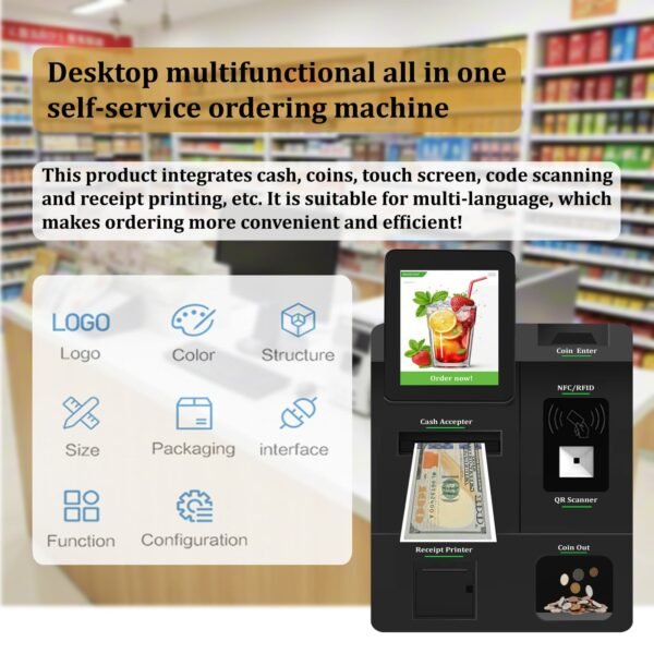 Introducyion of Desktop Multi-functional All in One Self Service Payment Kiosk with Cash Coin Accepter