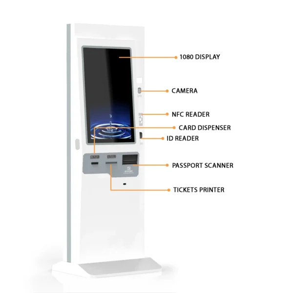 Modules Inctroduction of 27 Inch Indoor Self Queue Management System Tickets Kiosk with Thermal Printer NFC Scanner