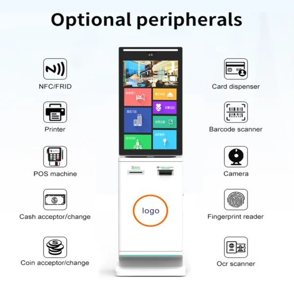 Optional Modules of Custom Multi-functional Floor Stand Queue Free Self Service Tickets Kiosks with CashCard Dispenser