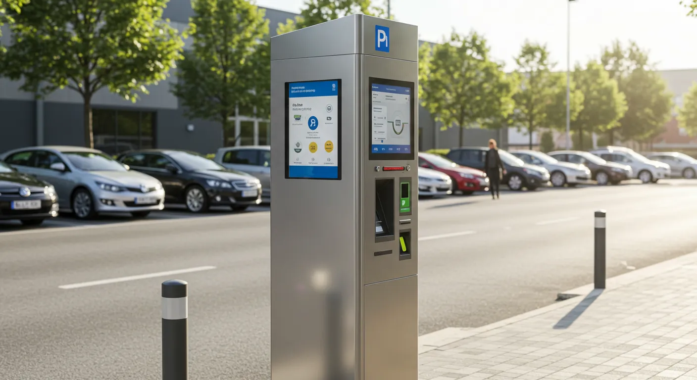 Sleek parking kiosk processing payment in a busy lot