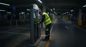 Technician performing maintenance on a parking kiosk