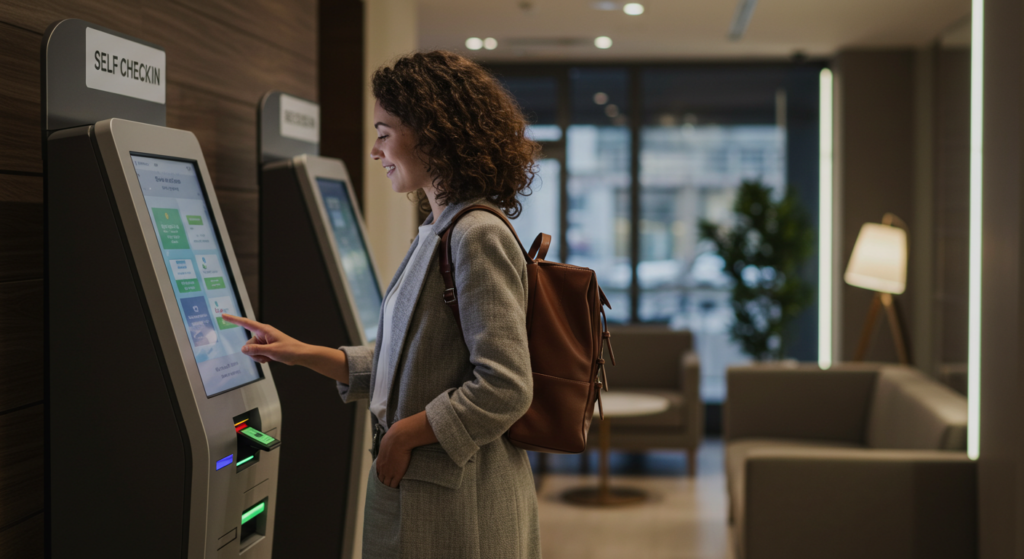 Hotel guest using self-check-in kiosk for quick check-in