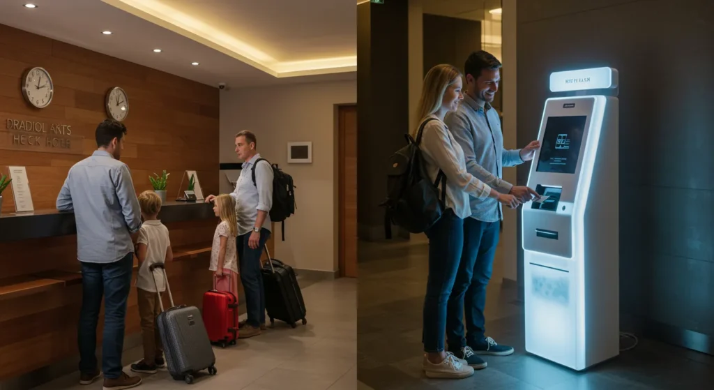 comparison traditional checkin with self-service checkin kiosk